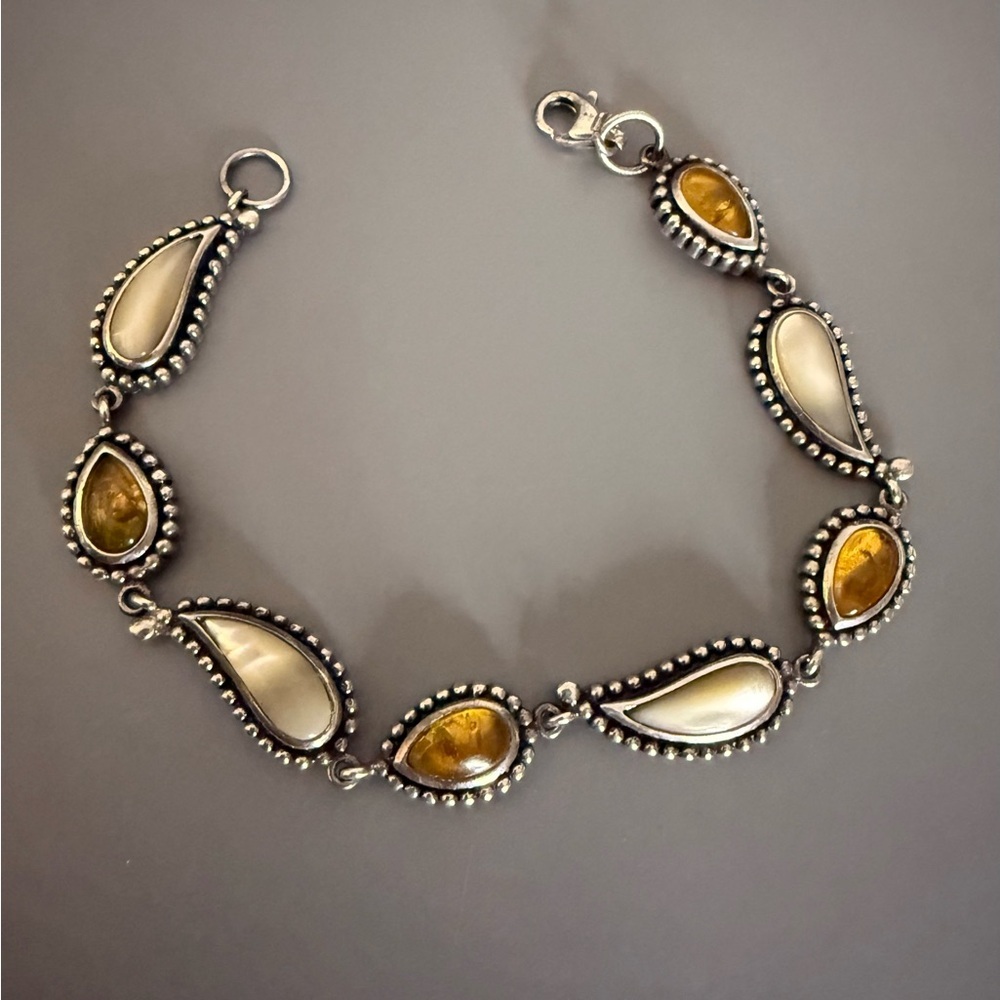 Vintage Mother of Pearl Amber Sterling Silver Bracelet VERY Unusual
